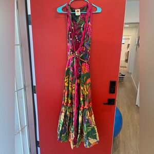 FARM Rio Pink and Green Plunge Sundress Maxi